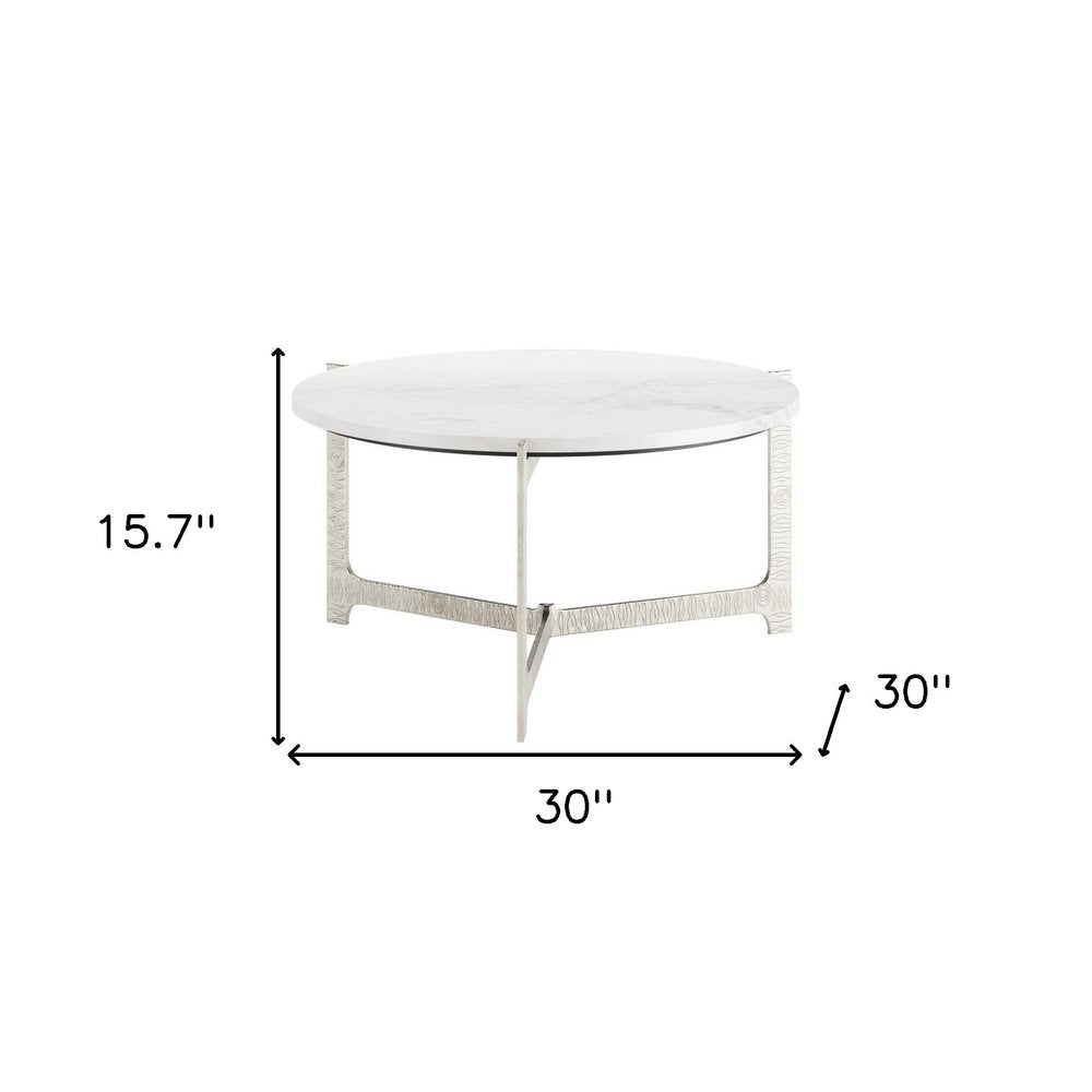 30" White and Silver Genuine Marble and Aluminum Round Cross Legs Coffee Table