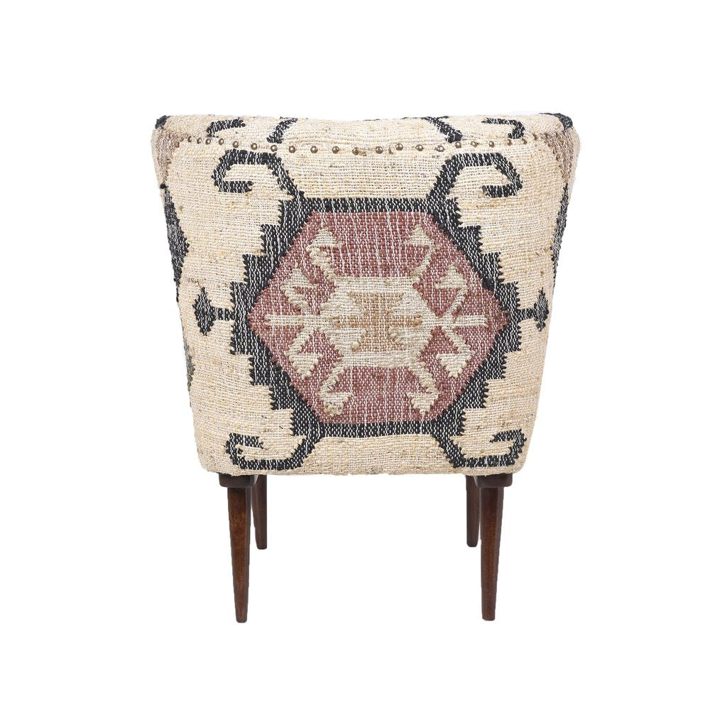 26" Beige Blue and Red  Jute Southwestern Wingback Chair