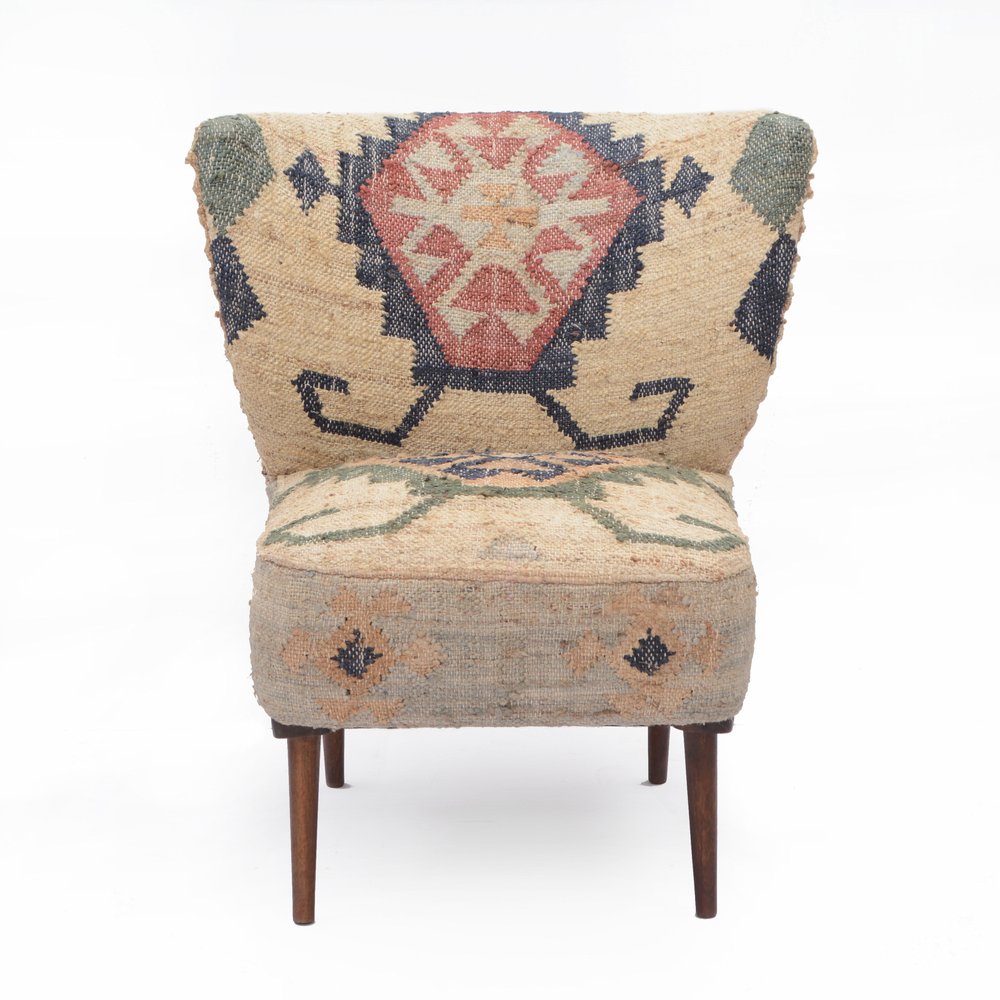 26" Beige Blue and Red  Jute Southwestern Wingback Chair