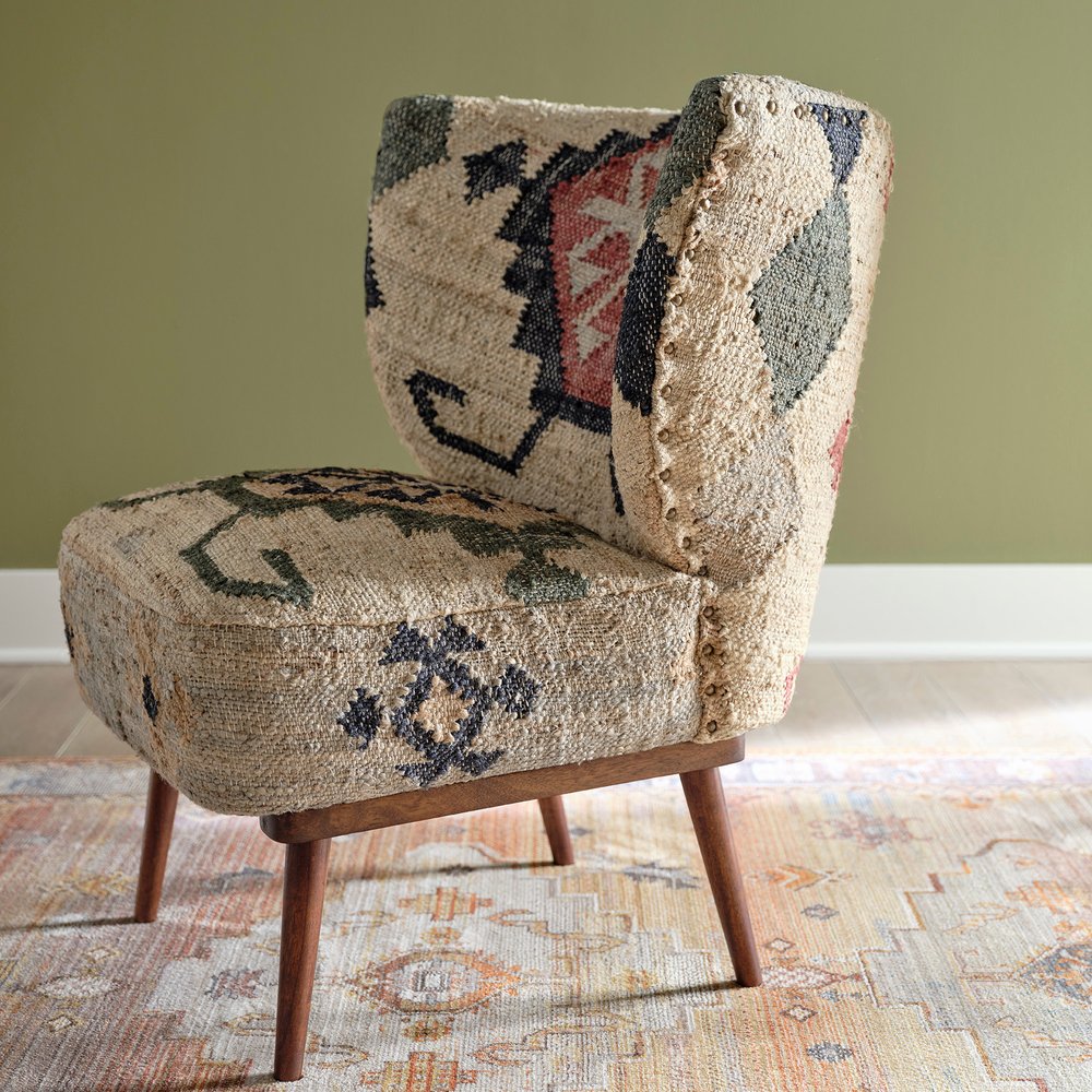 26" Beige Blue and Red  Jute Southwestern Wingback Chair
