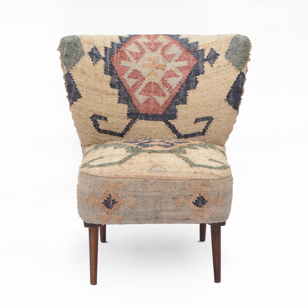 26" Beige Blue and Red  Jute Southwestern Wingback Chair