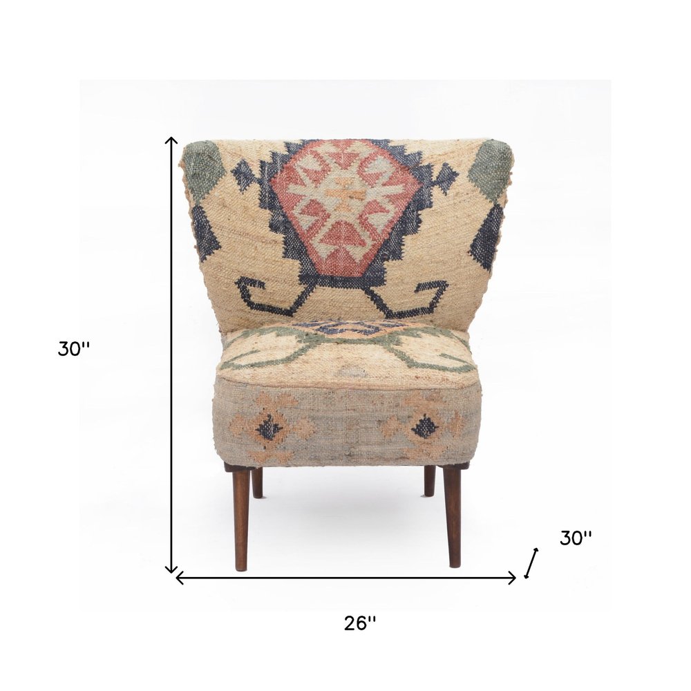 26" Beige Blue and Red  Jute Southwestern Wingback Chair