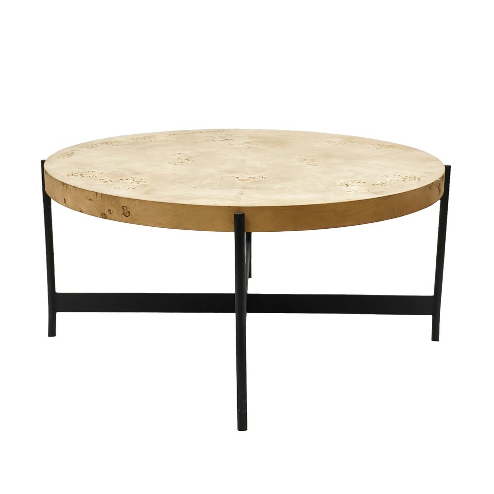 36" Natural And Black Wood and Iron Round Coffee Table