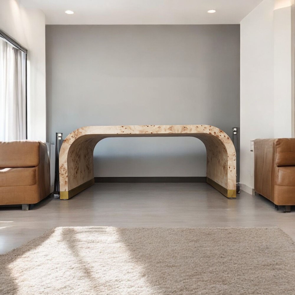 24" Natural And Brass Wood And Brass Oval Coffee Table