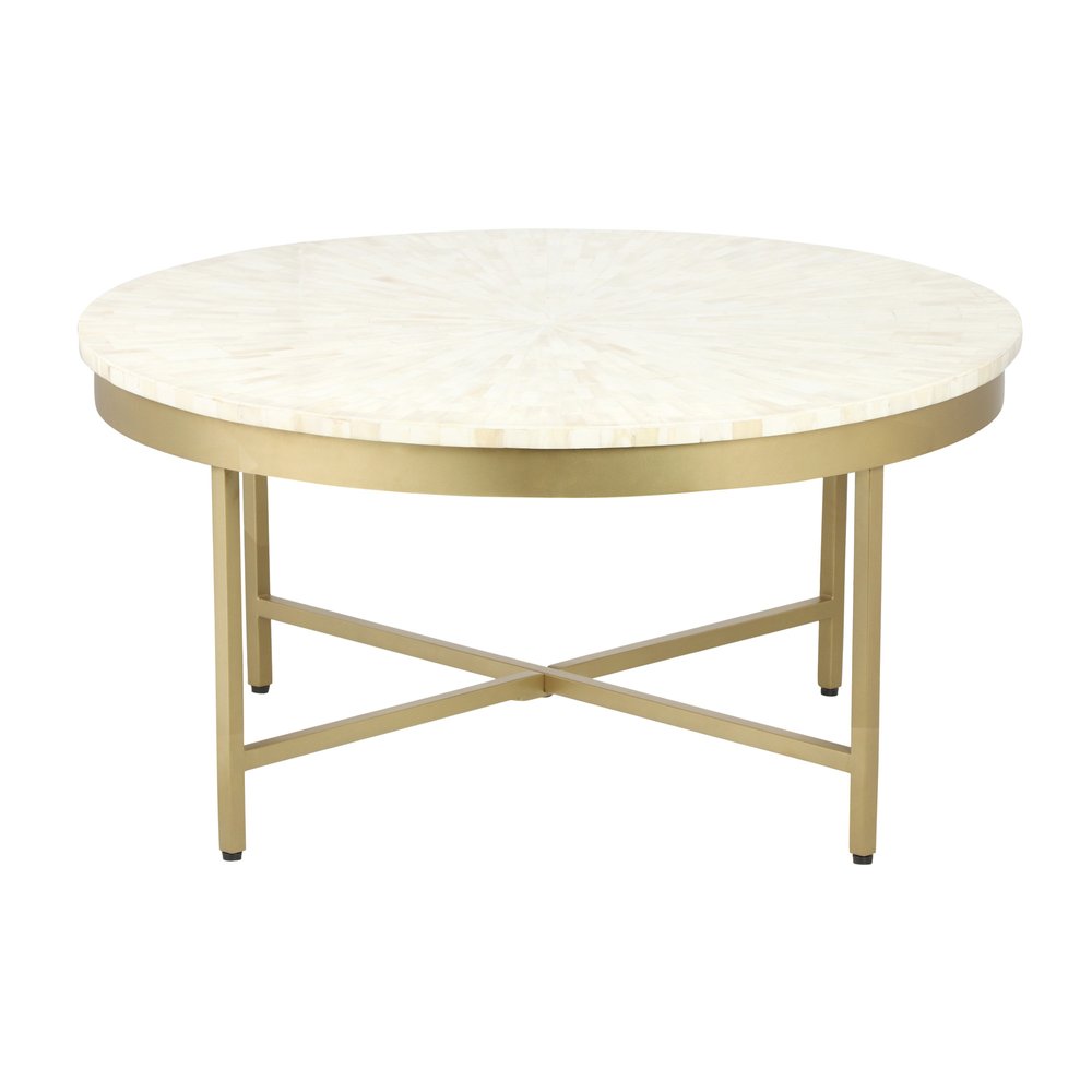18" Ivory And Gold Wood And Steel Round Coffee Table