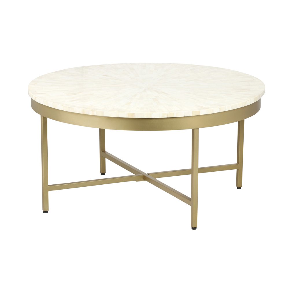 18" Ivory And Gold Wood And Steel Round Coffee Table