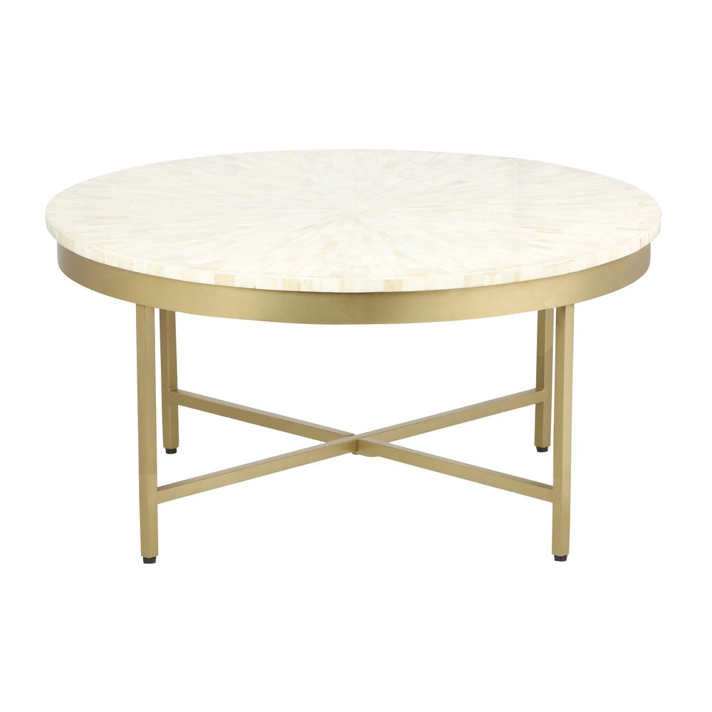 18" Ivory And Gold Wood And Steel Round Coffee Table