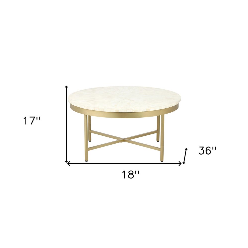 18" Ivory And Gold Wood And Steel Round Coffee Table