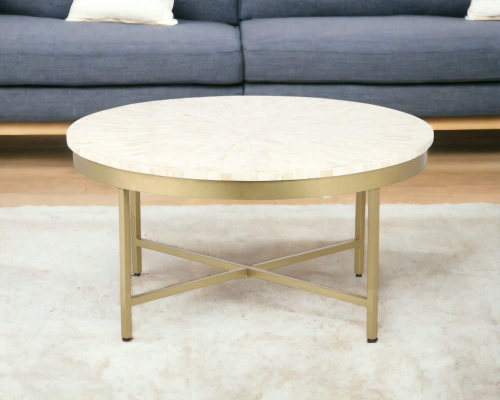 18" Ivory And Gold Wood And Steel Round Coffee Table
