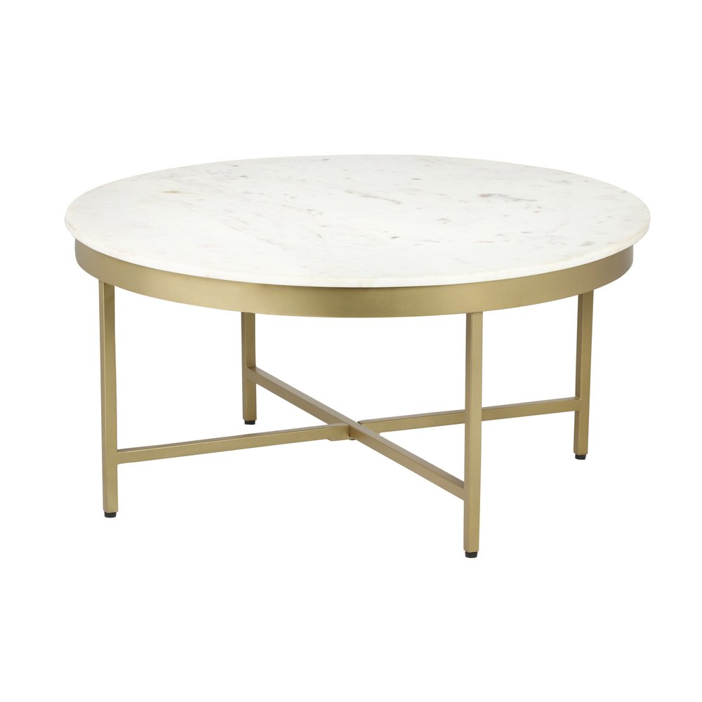 36" White And Gold Genuine Marble And Steel Round Coffee Table