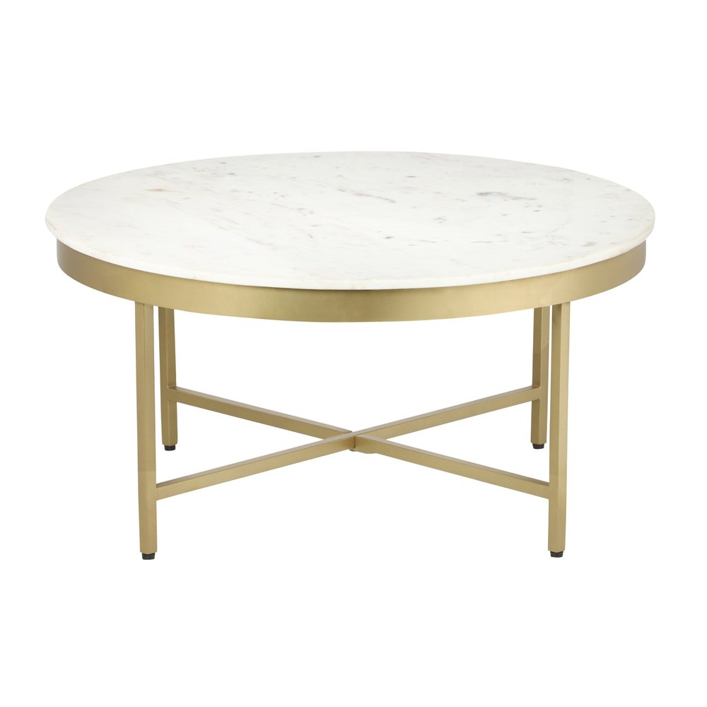 36" White And Gold Genuine Marble And Steel Round Coffee Table