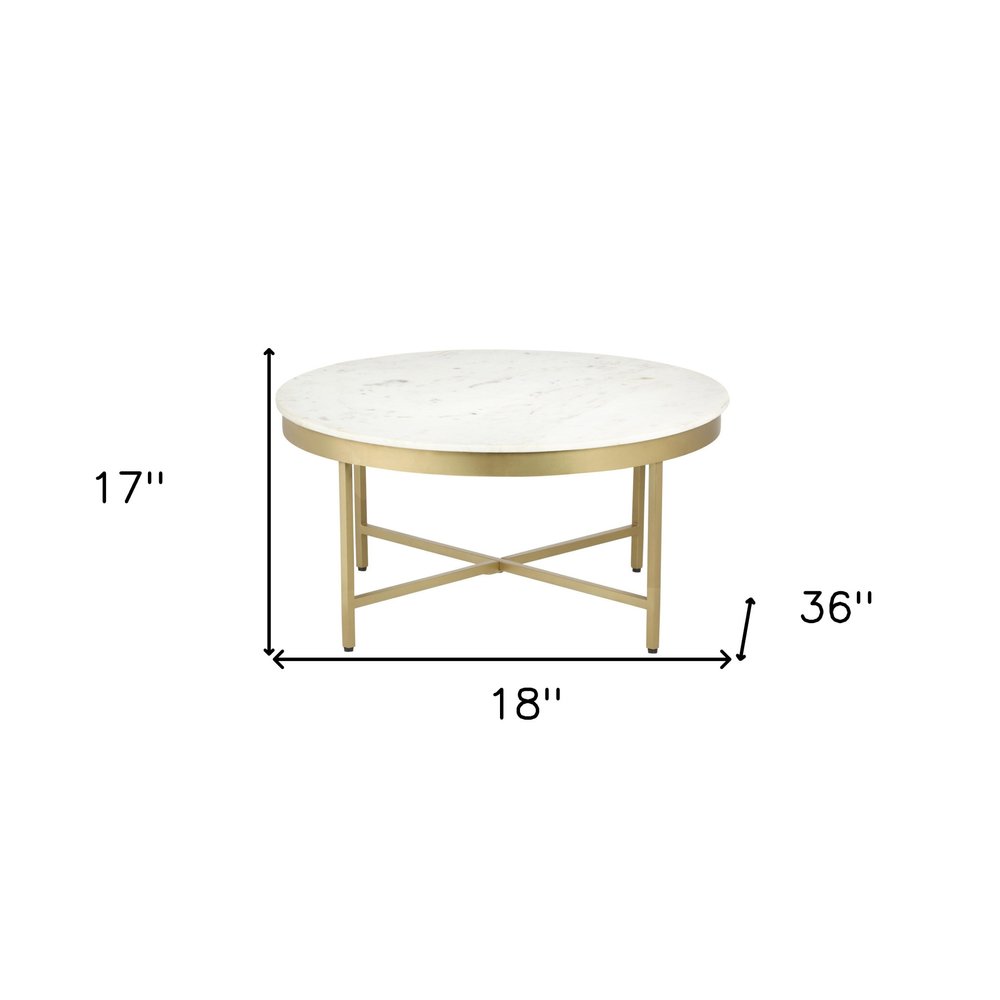 36" White And Gold Genuine Marble And Steel Round Coffee Table