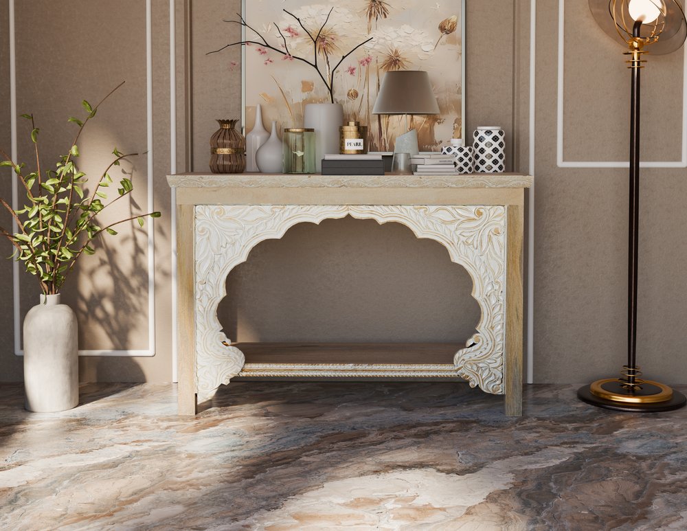 56" Natural Solid Wood Distressed Console Table With Shelf