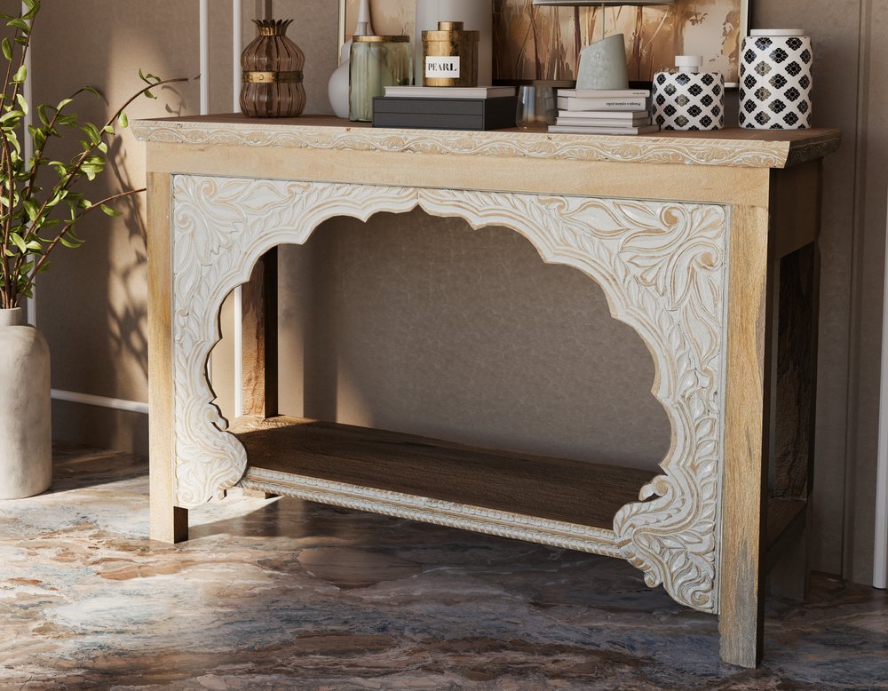 56" Natural Solid Wood Distressed Console Table With Shelf