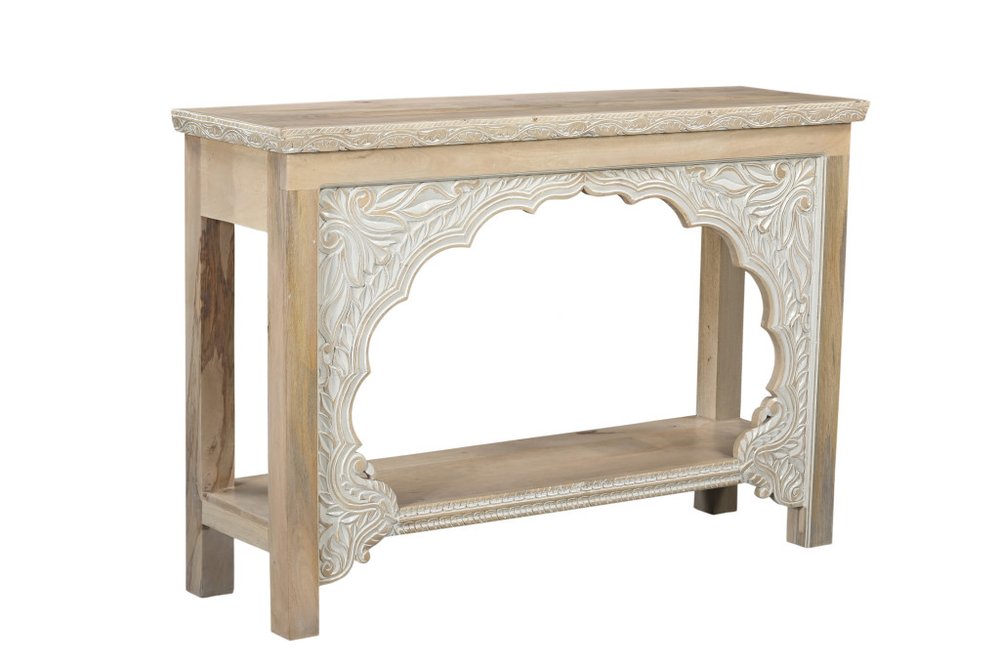 56" Natural Solid Wood Distressed Console Table With Shelf