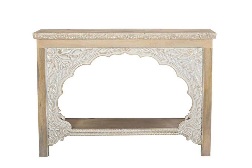 56" Natural Solid Wood Distressed Console Table With Shelf