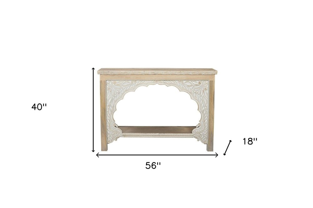 56" Natural Solid Wood Distressed Console Table With Shelf