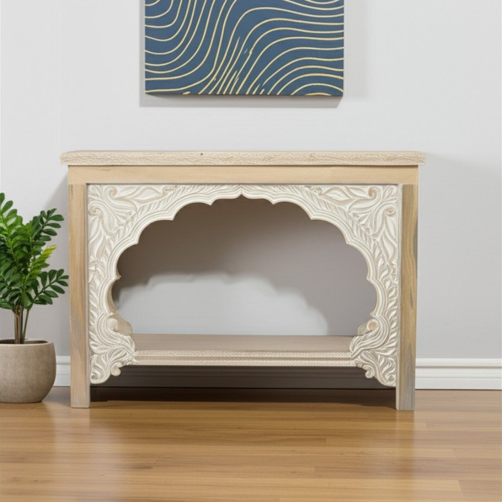 56" Natural Solid Wood Distressed Console Table With Shelf