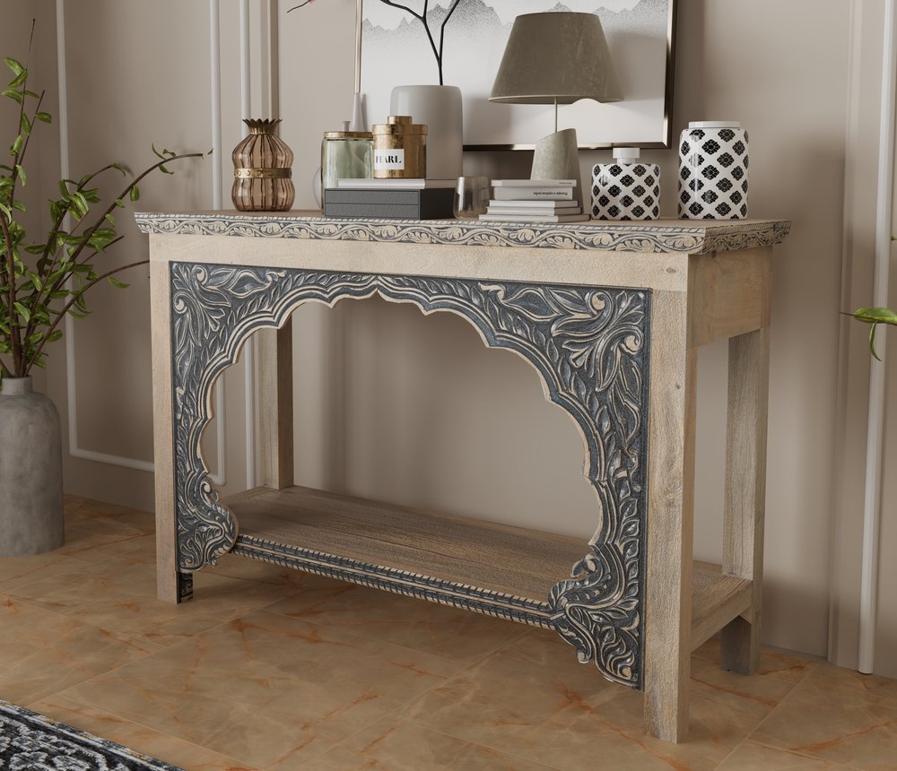 56" Natural and Black Solid Wood Distressed Console Table With Shelf