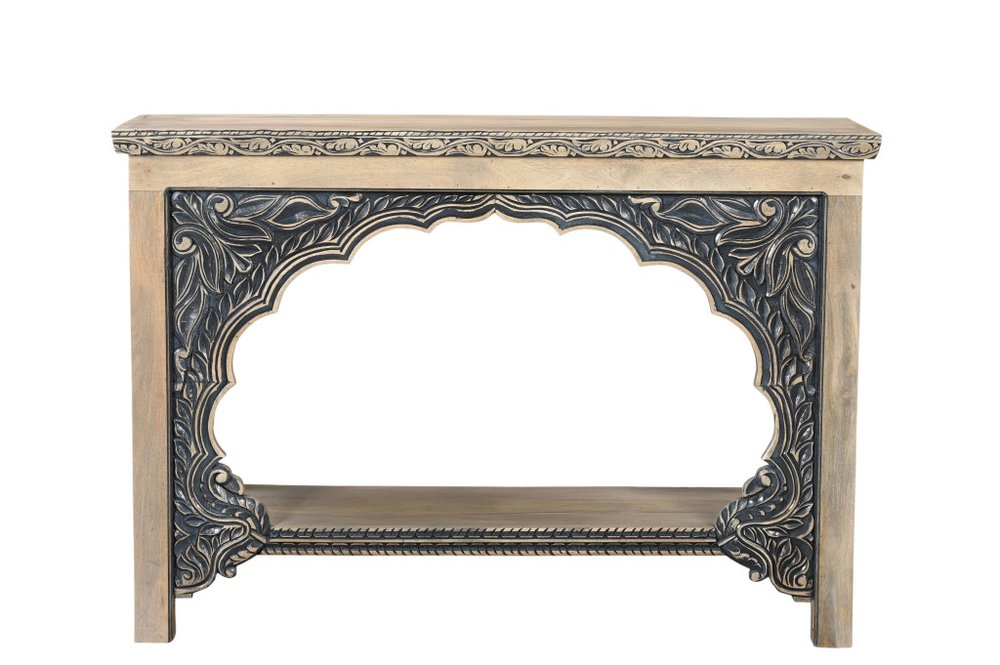 56" Natural and Black Solid Wood Distressed Console Table With Shelf