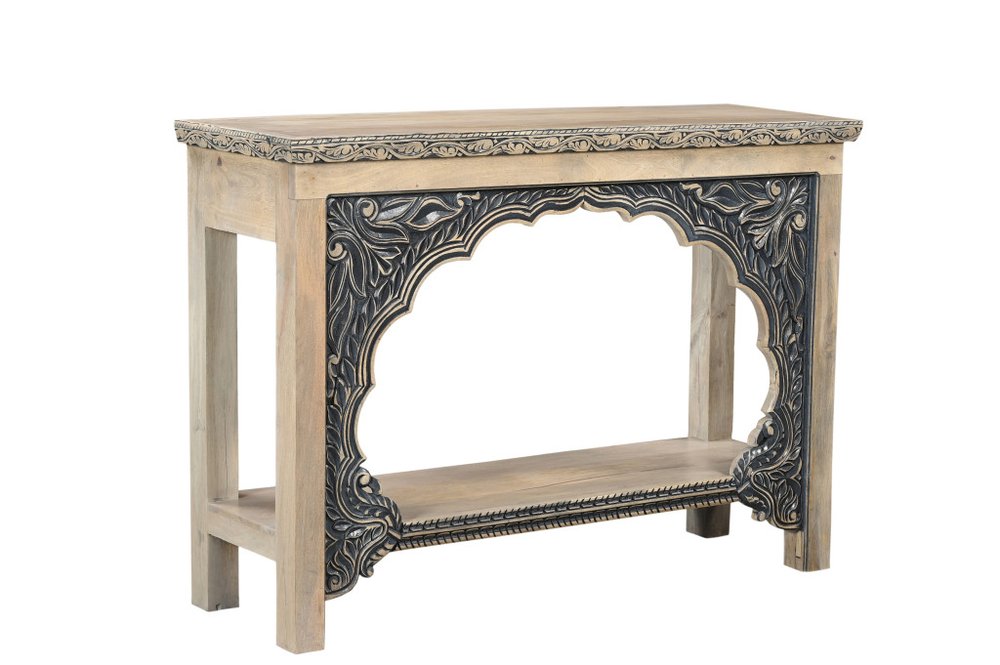 56" Natural and Black Solid Wood Distressed Console Table With Shelf