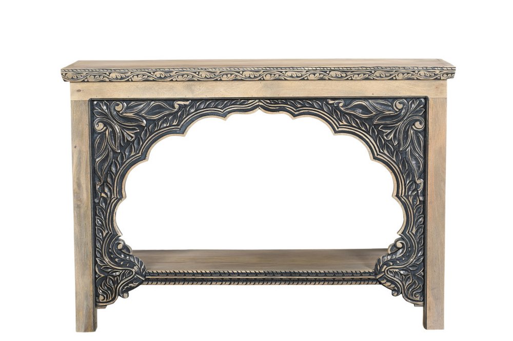 56" Natural and Black Solid Wood Distressed Console Table With Shelf