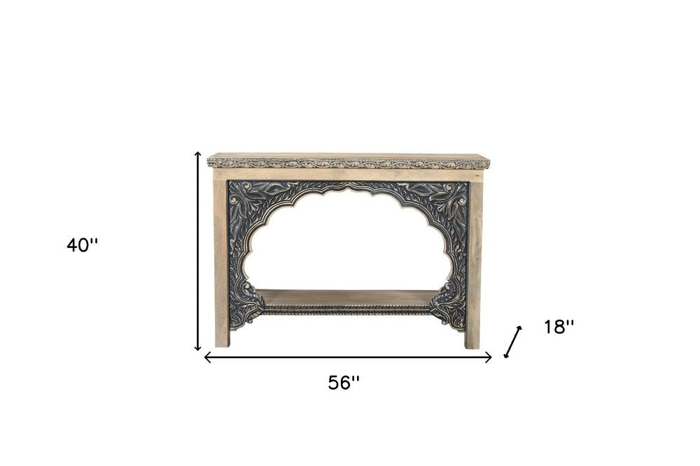 56" Natural and Black Solid Wood Distressed Console Table With Shelf