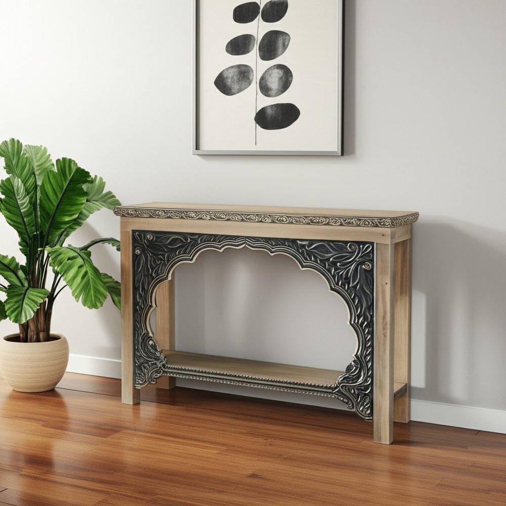 56" Natural and Black Solid Wood Distressed Console Table With Shelf