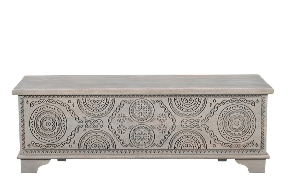 54" Gray Carved Geo Scroll Solid Wood Storage Ottoman