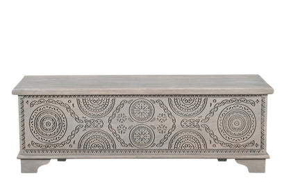 54" Gray Carved Geo Scroll Solid Wood Storage Ottoman