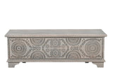 54" Gray Carved Geo Scroll Solid Wood Storage Ottoman