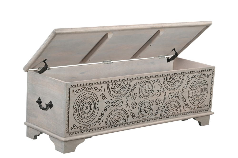 54" Gray Carved Geo Scroll Solid Wood Storage Ottoman