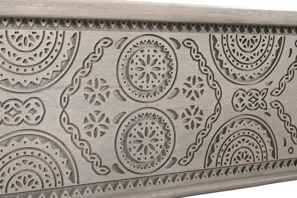 54" Gray Carved Geo Scroll Solid Wood Storage Ottoman