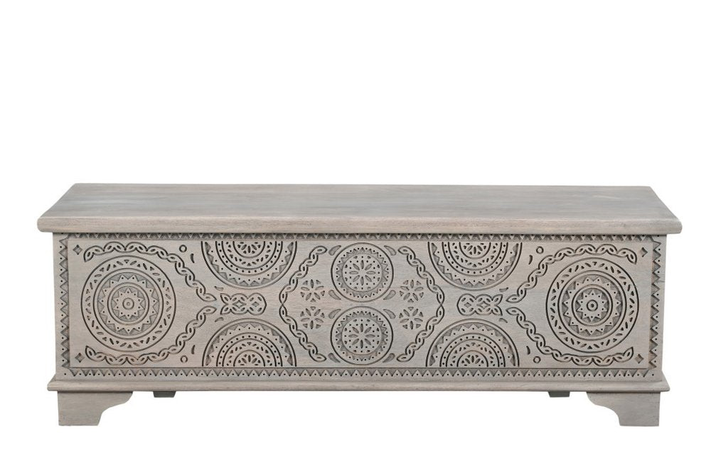 54" Gray Carved Geo Scroll Solid Wood Storage Ottoman