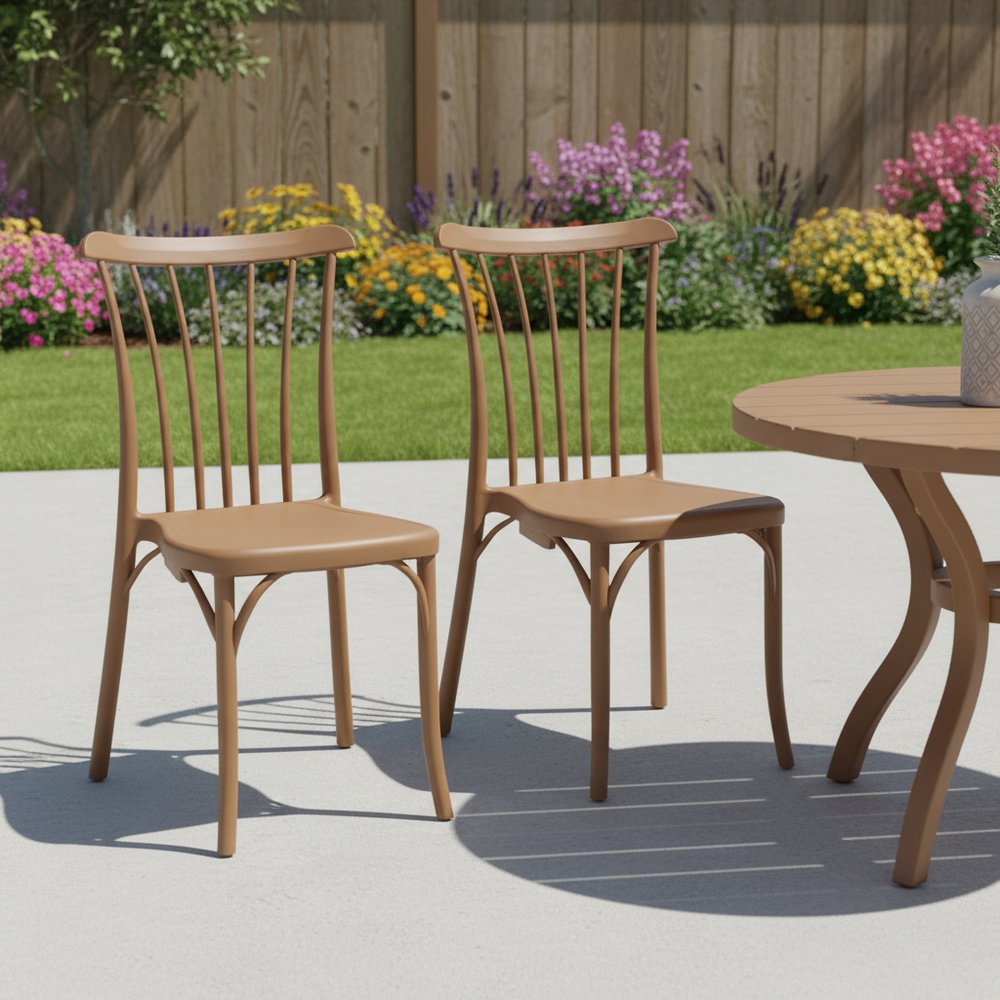 Set of Two Tan and Natural Heavy Duty Plastic Slat Back Dining Side Chairs