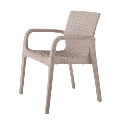 Set of Two Taupe Faux Rattan Heavy Duty Plastic Outdoor Stacking Arm Chairs