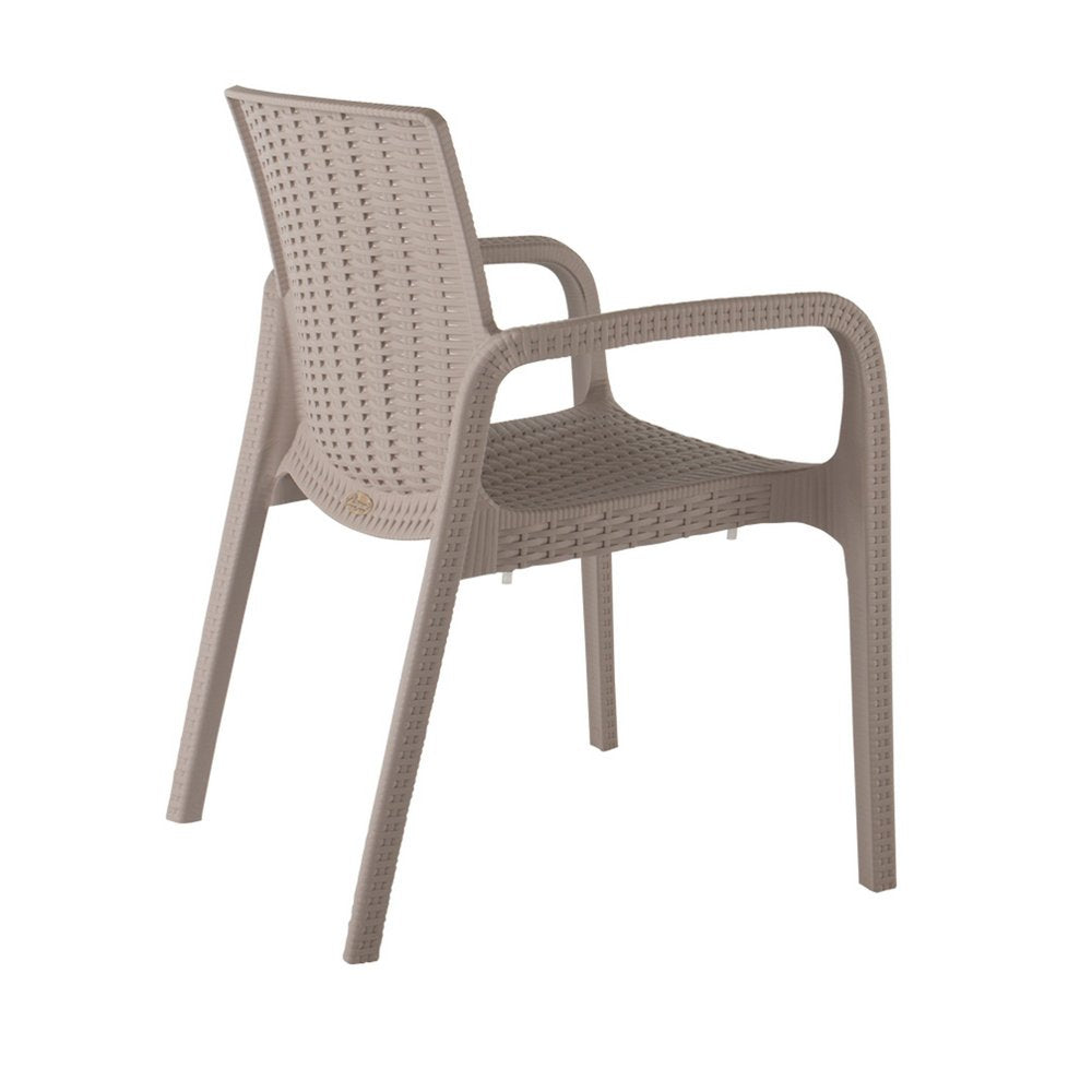 Set of Two Taupe Faux Rattan Heavy Duty Plastic Outdoor Stacking Arm Chairs