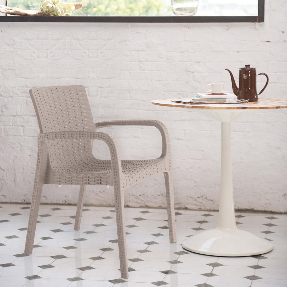 Set of Two Taupe Faux Rattan Heavy Duty Plastic Outdoor Stacking Arm Chairs