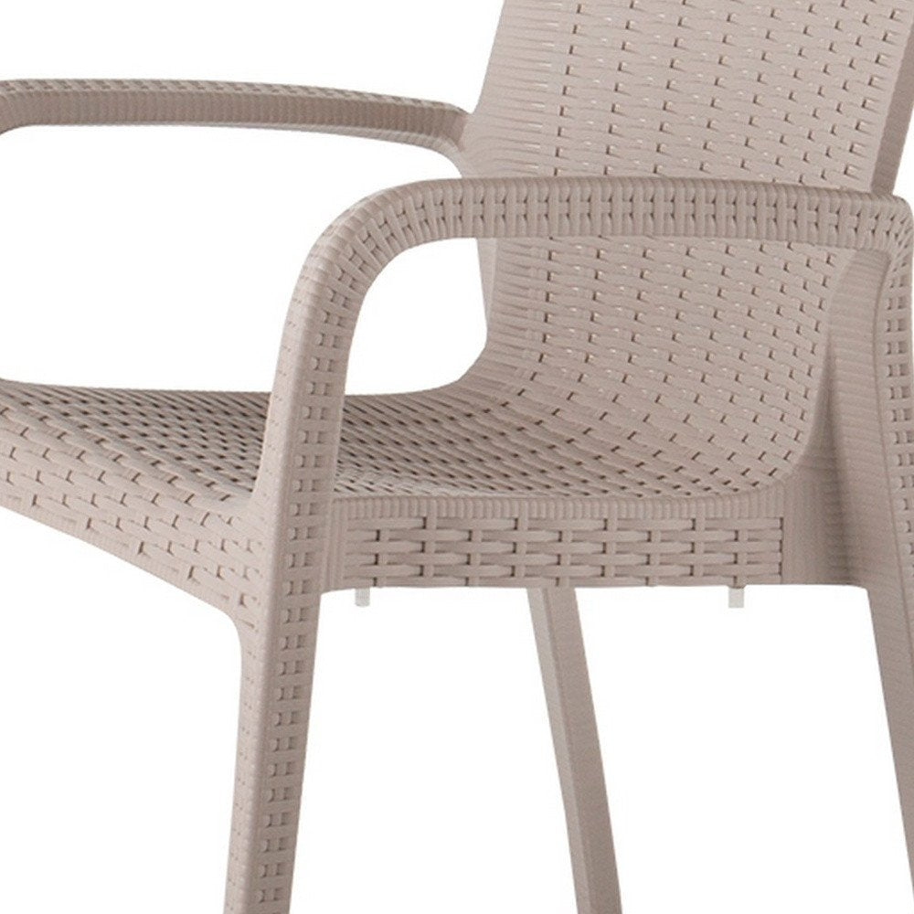 Set of Two Taupe Faux Rattan Heavy Duty Plastic Outdoor Stacking Arm Chairs
