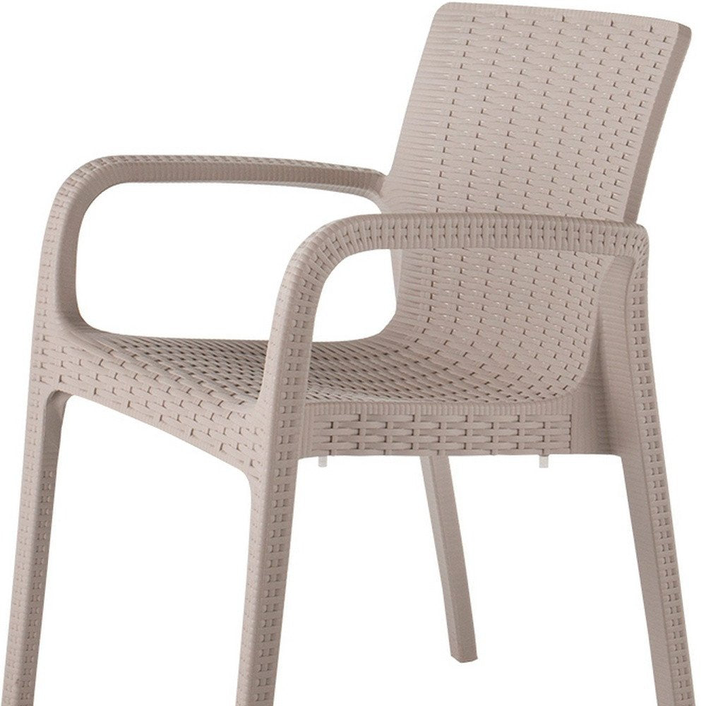 Set of Two Taupe Faux Rattan Heavy Duty Plastic Outdoor Stacking Arm Chairs