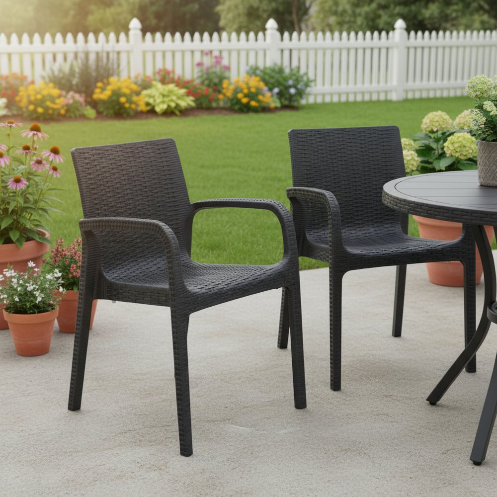 Set of Two Black Faux Rattan Heavy Duty Plastic Outdoor Stacking Arm Chairs