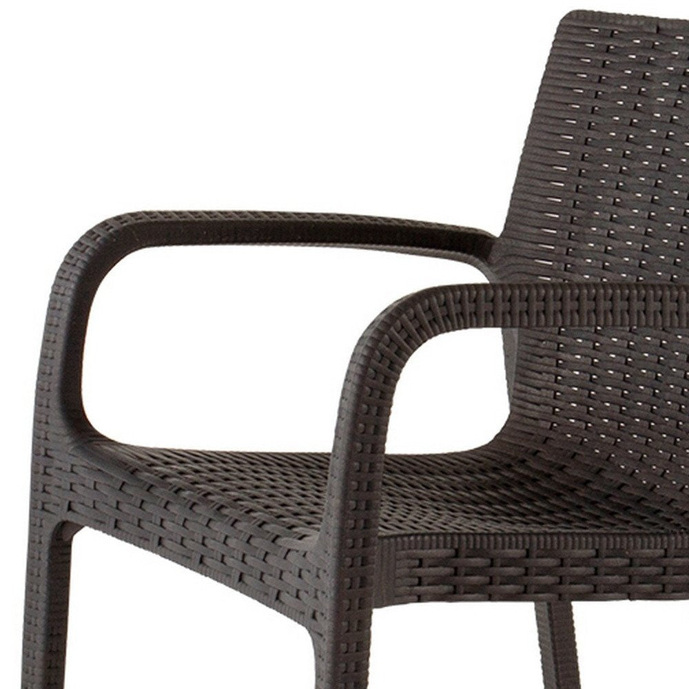 Set of Two Brown Faux Rattan Heavy Duty Plastic Outdoor Stacking Arm Chairs