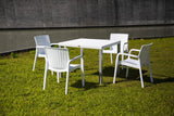Set of Two White Faux Rattan Heavy Duty Plastic Outdoor Stacking Arm Chairs