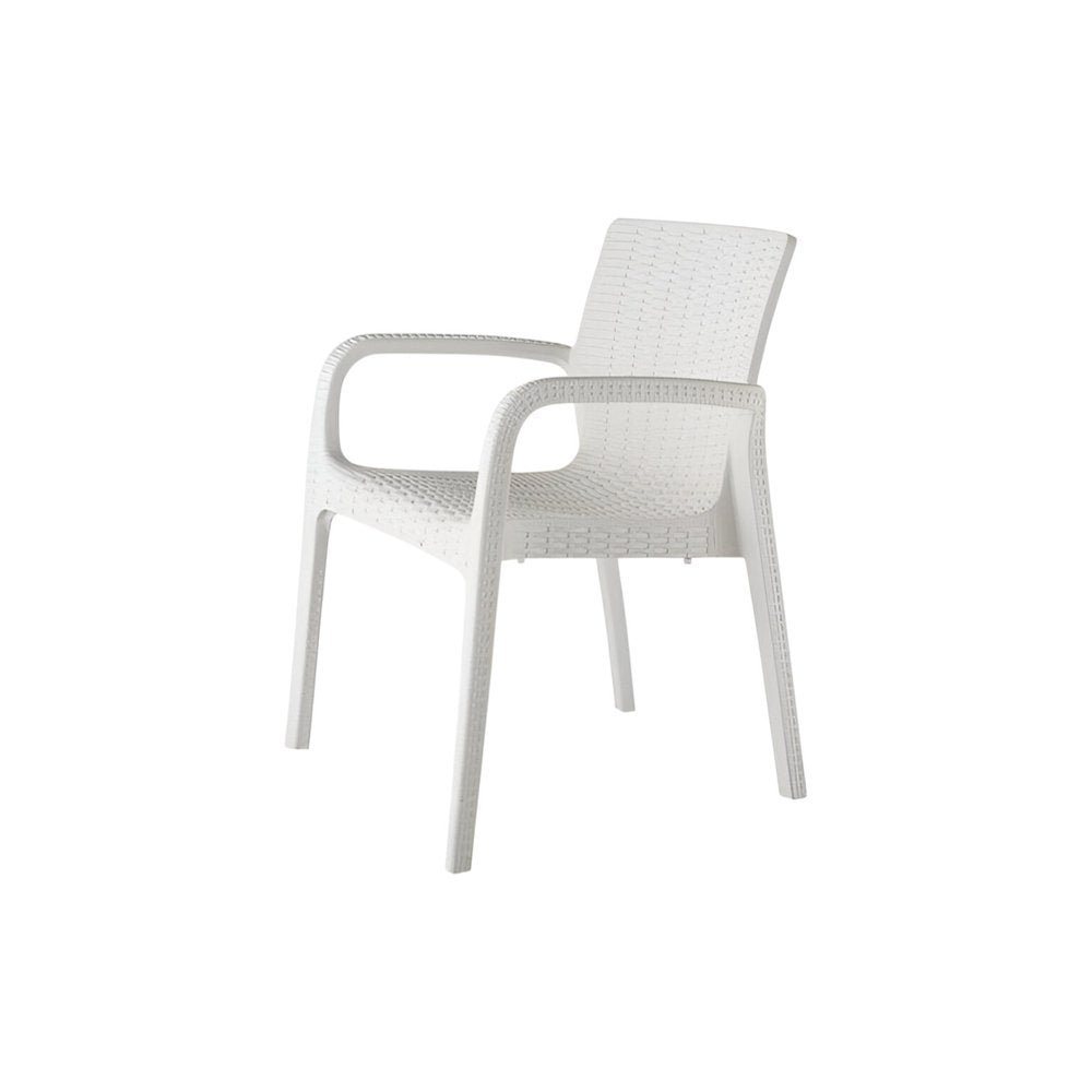 Set of Two White Faux Rattan Heavy Duty Plastic Outdoor Stacking Arm Chairs