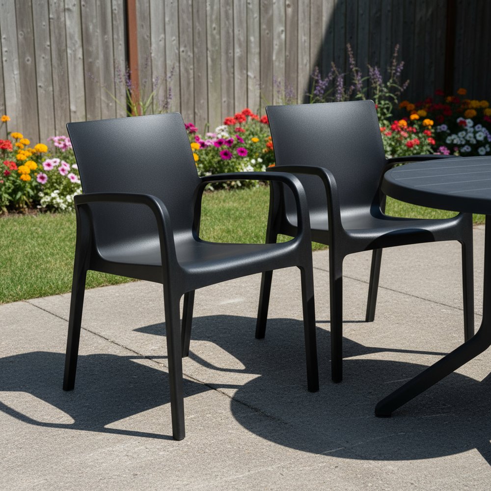Set of Two Black Heavy Duty Plastic Outdoor Stacking Dining Chairs