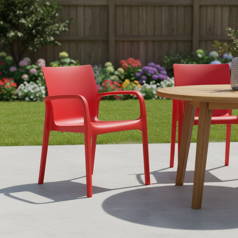 Set of Two Red Heavy Duty Plastic Outdoor Stacking Dining Chairs