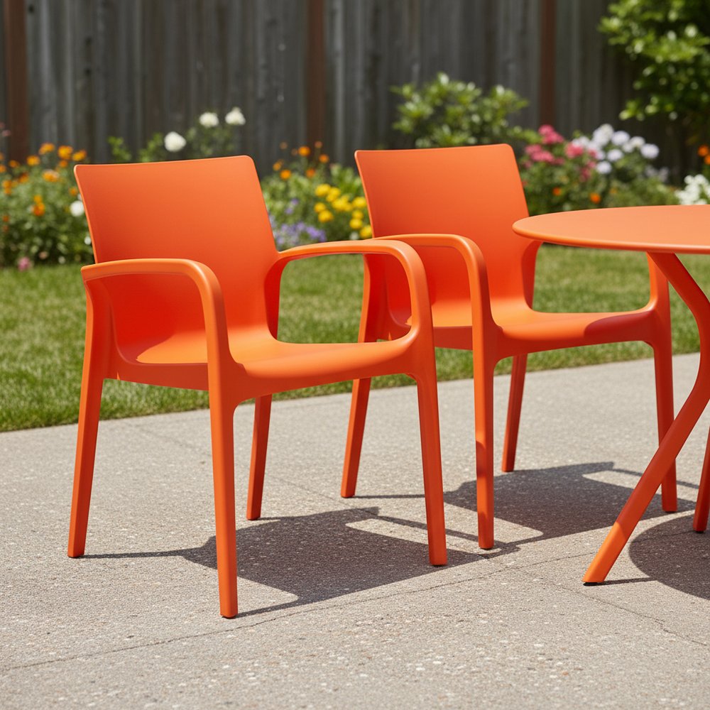 Set of Two Orange Heavy Duty Plastic Outdoor Stacking Dining Chairs
