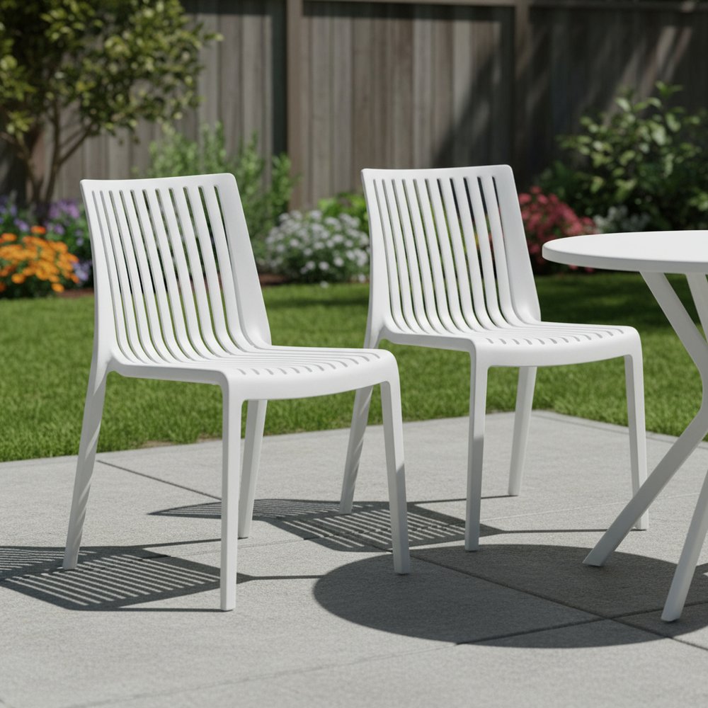 Set of Two White Heavy Duty Plastic Outdoor Stacking Accent Chairs