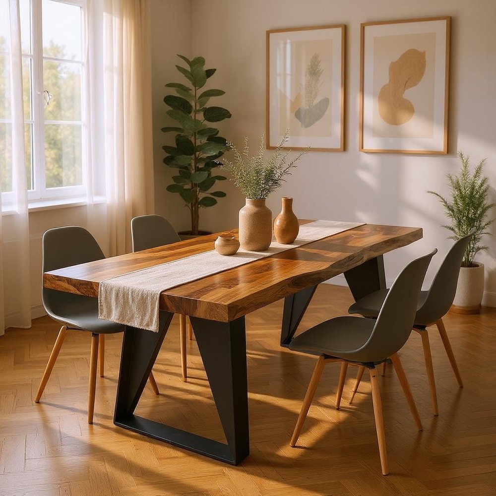 80" Brown and Black Solid Wood and Iron Live Edge Dining Table