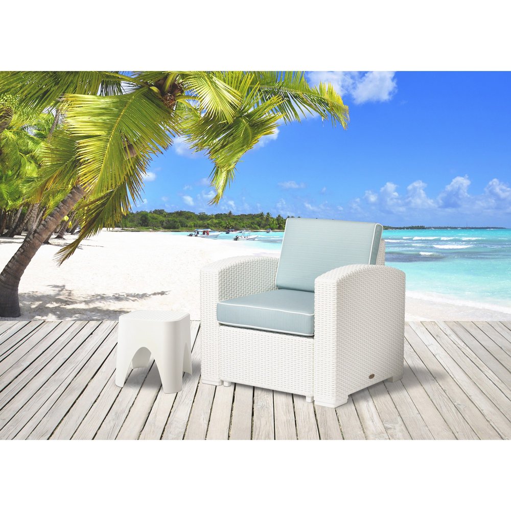 33" White Heavy Duty Plastic Outdoor Club Chair With Aqua Blue Cushion